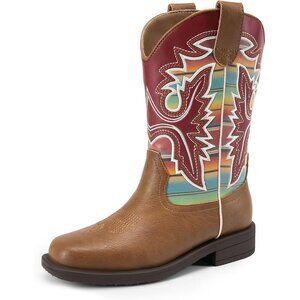 ⚡Girls Brown Multi Cowboy Boots Toddler Mid Calf Western Square Toe Riding Boot